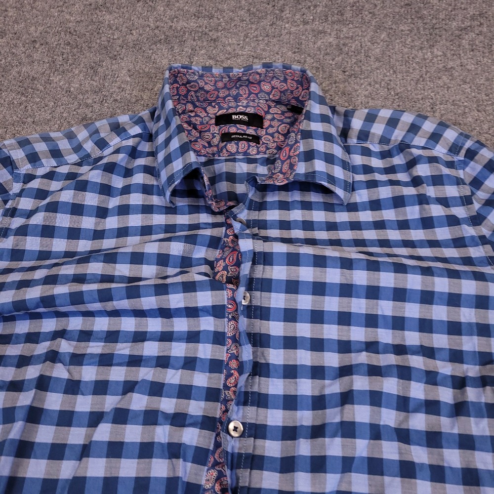 Hugo Boss Mens Medium Regular Fit Blue Check Long Sleeve Button Up Shirt